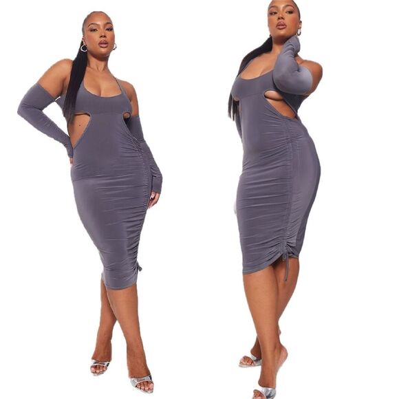PrettyLittleThing Dresses & Skirts - NWT Pretty Little Thing Silver Slinky Ruched Cut Out Midi Dress Size 22